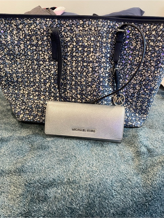 Michael Kors Handbags - Michael Kors Blue and silver  Floral Tote w and  Silver Wallet